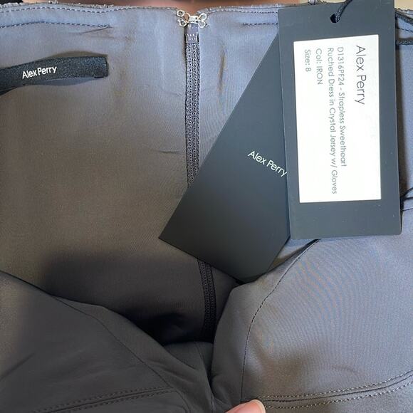 Alex Perry Strapless Sweetheart Ruched Crystal Jersey Iron Gray Midi Dress Sz 4 - Picture 12 of 13